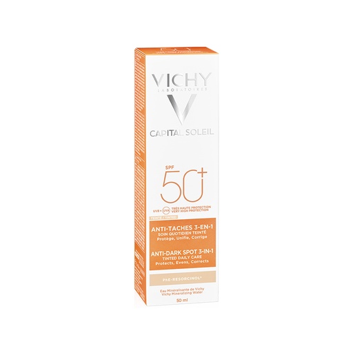 Vichy      Capital Soleil Mbrojtës kundër njollave me ngjyrë 3 në 1 (SPF 50+)
